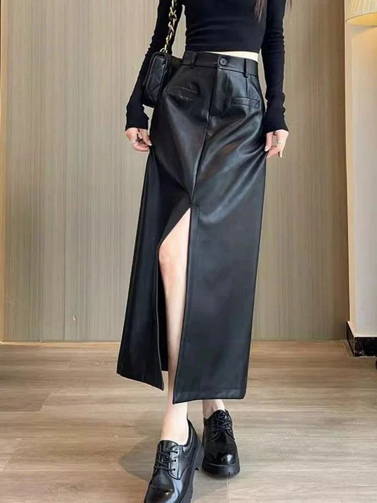 Sexy Slit Pu Long Skirt Women High Waist Slim Vintage Skirts Casual Fall Winter Lady Solid Retro American Streetwear Long Skirt voguable