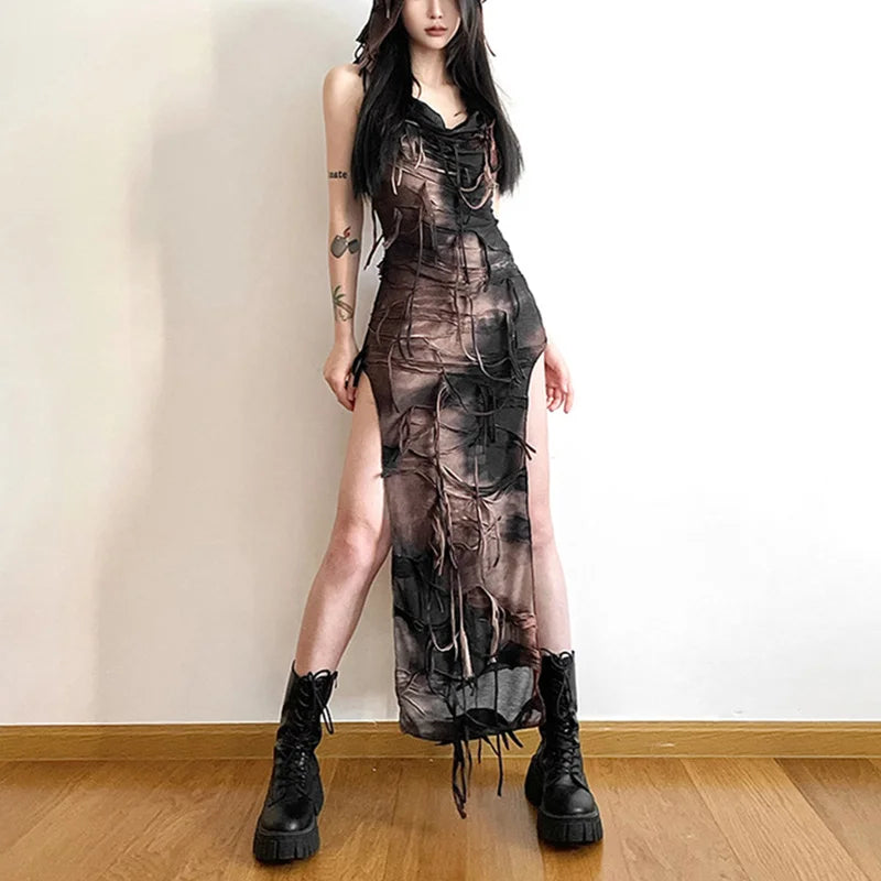 Grunge Dress y2k Women Clothes Tie Dye Print Sleeveless Side Split Hooded Dress Gothic Party Dresses Halloween Costume voguable