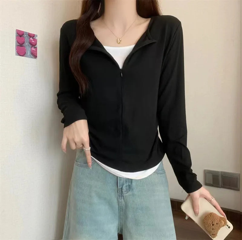 Long Sleeve T Shirt Women Fashion Fake Two Pieces Patchwork Basic Slim Zipper Slimming Bottoming Shirt Retro Red Casual T-shirt voguable