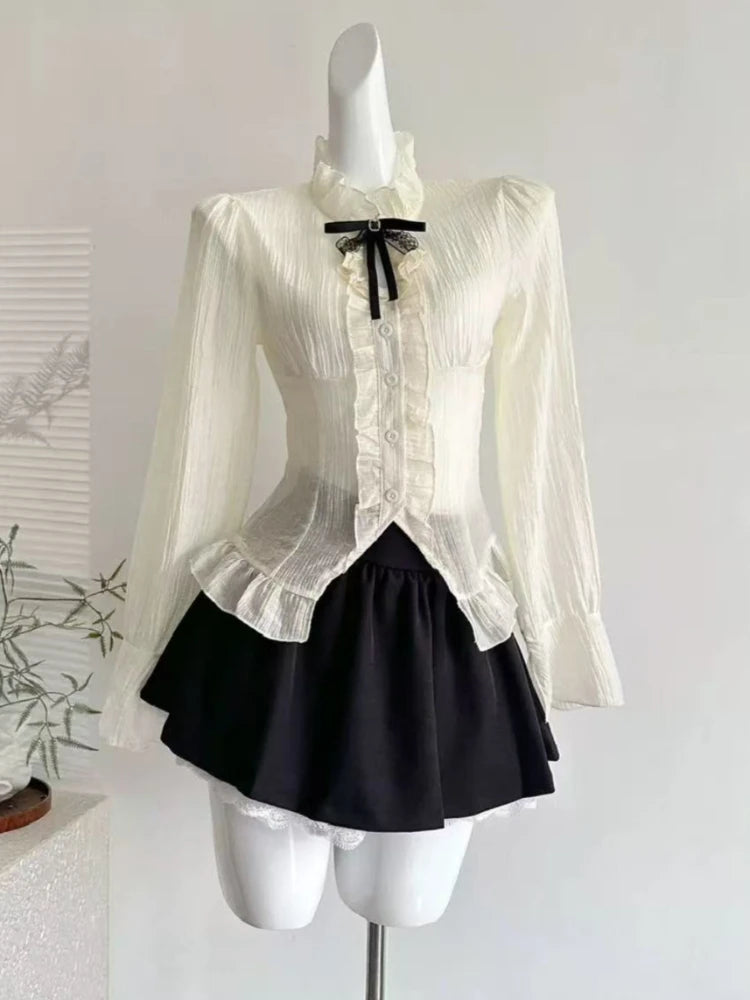 Voguable  Korean Style Chic Spicy Girl Black Suit Jacket Women Elegant Hollow Out White Shirt Puffed Mini Skirt Fashion Three-piece Set voguable