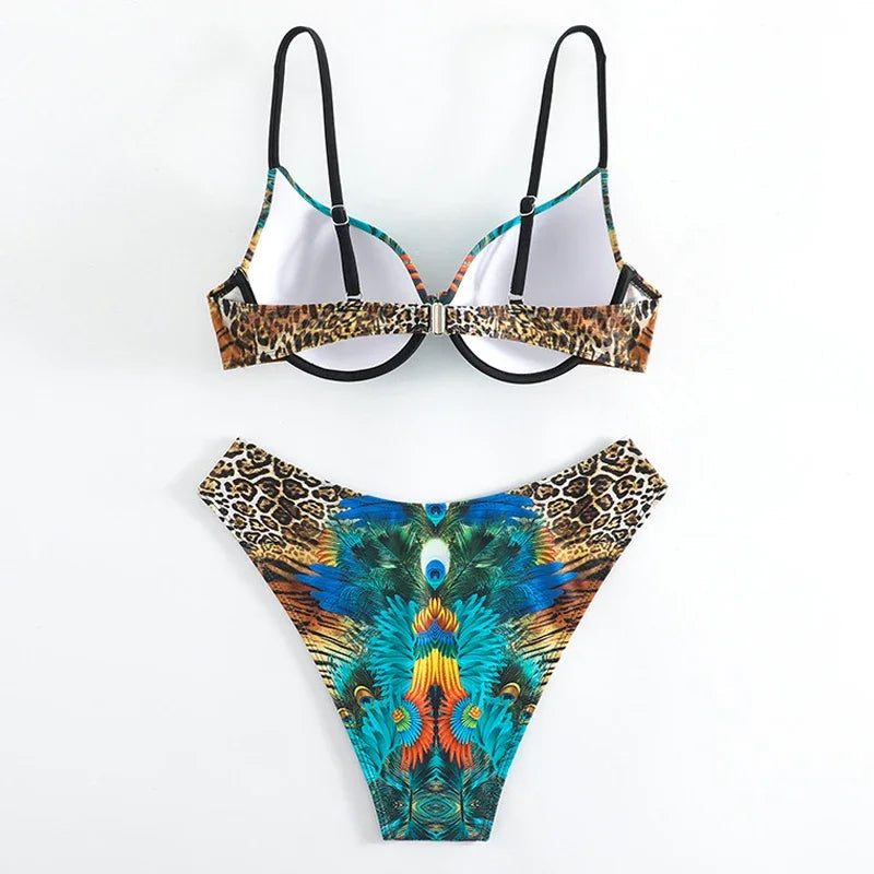 Voguable  Green Peacock Print 2-piece Bikini for Women,Summer New,rhinestone Low Waist Thong Swimsuit,underwire V-neck Bathing Suit voguable