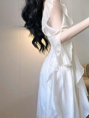 Voguable  Elegant White Dress Women Fairy Dresses Summer Chiffon Vintage Female Sundress Ruffles Holiday Style Fashion Robe voguable