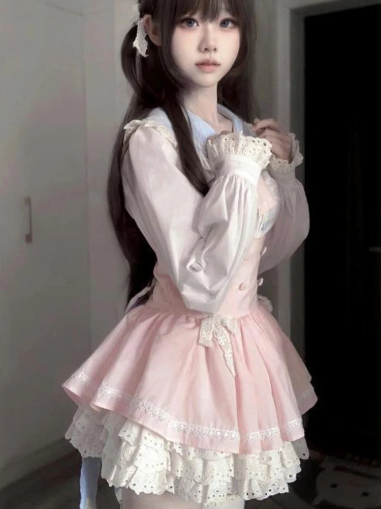 Voguable Kawaii Japanese Style 2 Piece Set Casual Blouse + Sweet Pink Y2k Mini Skirt Lace Lolita Fashion Suit Woman Design 2024 New voguable
