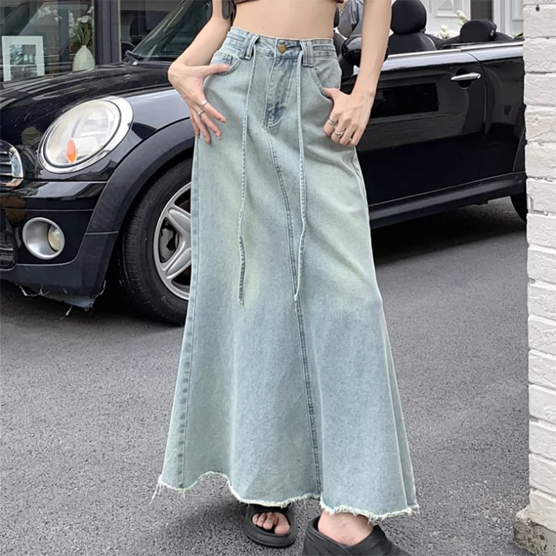 Voguable  Women's High Waist Long Skirt Korean Style Solid Color Loose Fit Denim Half-Body Fishtail Summer Fashion Design New Arrivals voguable