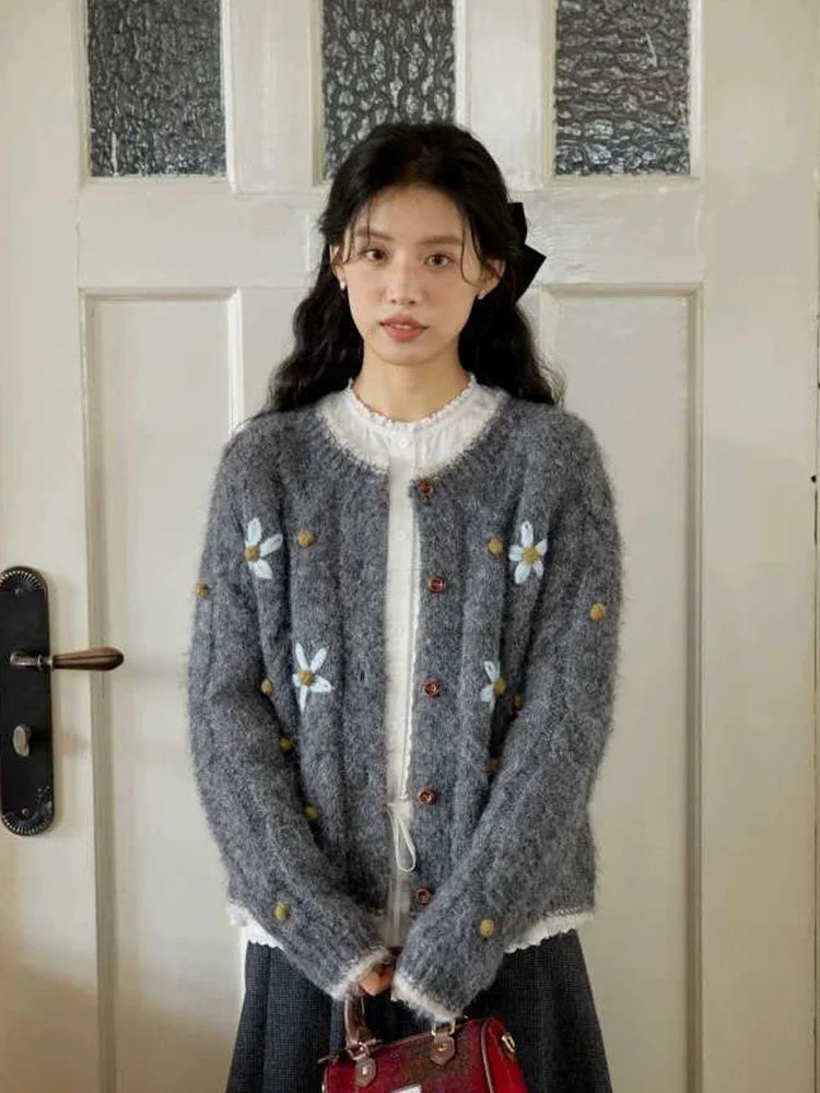 Elegant Floral Gray Cardigan Women Lazy Wind Long Sleeve Sweet Knitted Sweaters Vintage Japan Casual O Neck Female Retro Tops voguable
