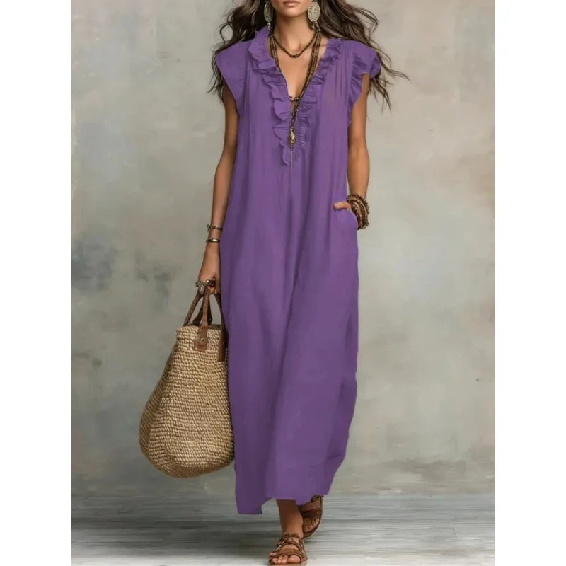 Voguable  New Ruffles V-neck Casual Solid Color Straight Tube Long Dresses Summer Casual Loose Fit Flying Sleeve Pocket Women's Dress voguable