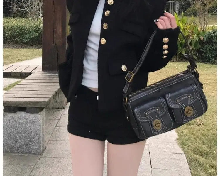 Voguable  American Retro Handsome Black Small Fragrant Style Short Coat Women Autumn New Casual Shoulder Jacket Top voguable