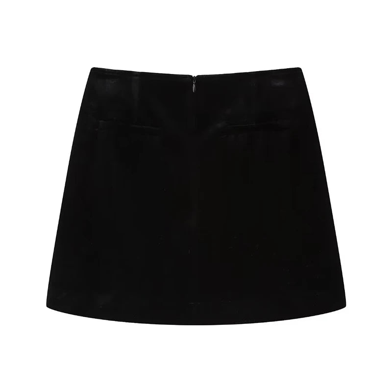 Voguable Vintage Women Black High Waist A-line Velvet Mini Skirt voguable