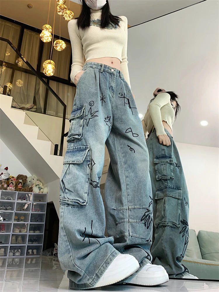 Women's Graffiti Print Pattern Design Unisex Jeans Vintage Street Y2k Casual Denim Trousers Female High Waist Straight Pants voguable