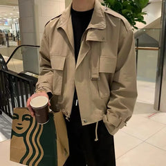 Autumn Khaki Short Workwear Jackets for Men 2024 Korean Fashion Handsome Fake Two-piece Lapel Japanese Retro Men Jacket Coat voguable
