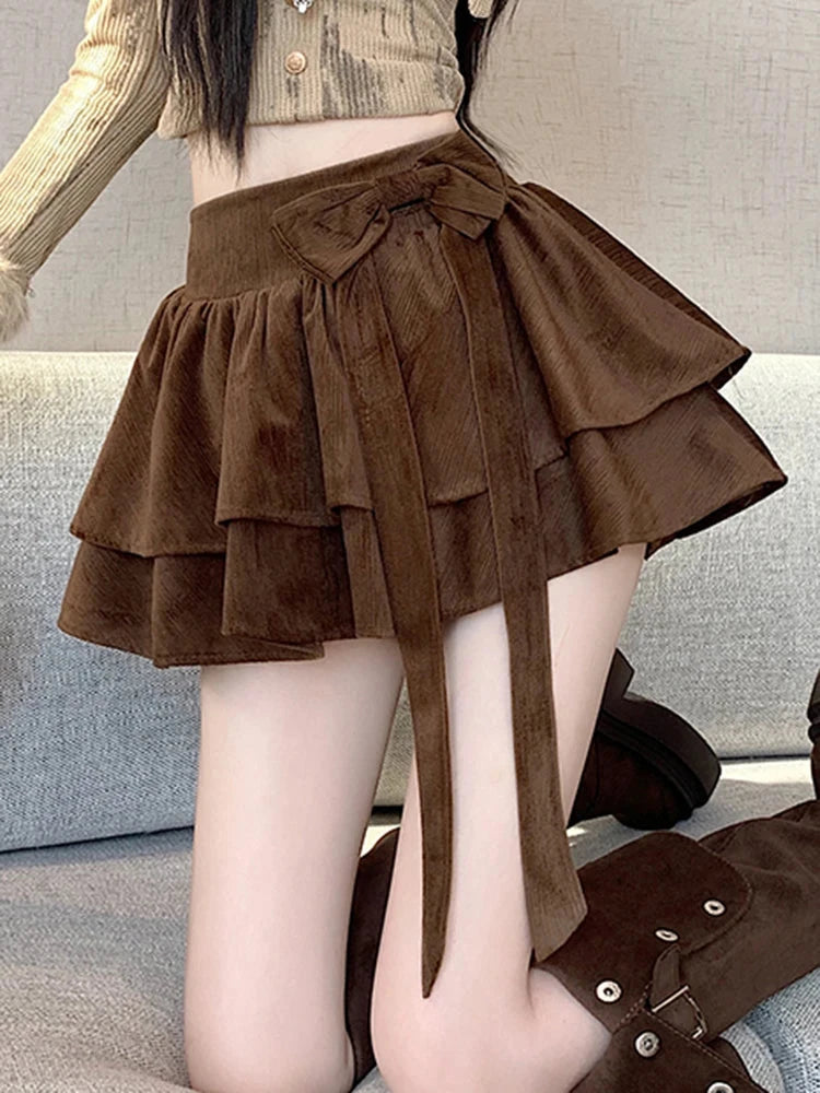 Sweet Bow Cake Skirts Women Vintage Slim High Waist Sexy Mini A Line Skirt Korean Preppy Style Fall Winter Dance Skirt New voguable