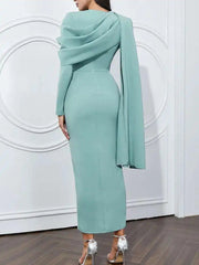 Solid Folds Slit Design Women's Long Dresses V Neck Long Sleeve Single Breasted High Waist Autumn 2025 New voguable