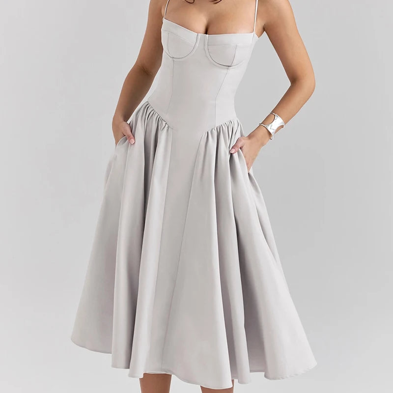 Women Sexy Spaghetti Straps Red Evening Party Dresses Pretty Girl Low Waist Flare And Flare Birthday Dresses Cotton voguable