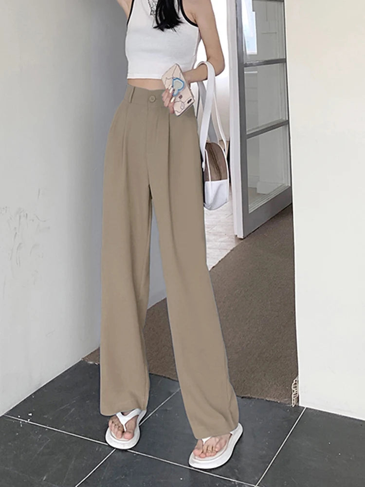 Voguable  Elastic High Waist Women Suit Pants Casual Loose Summer Straight Trousers Korean Simple Solid Female Pant voguable