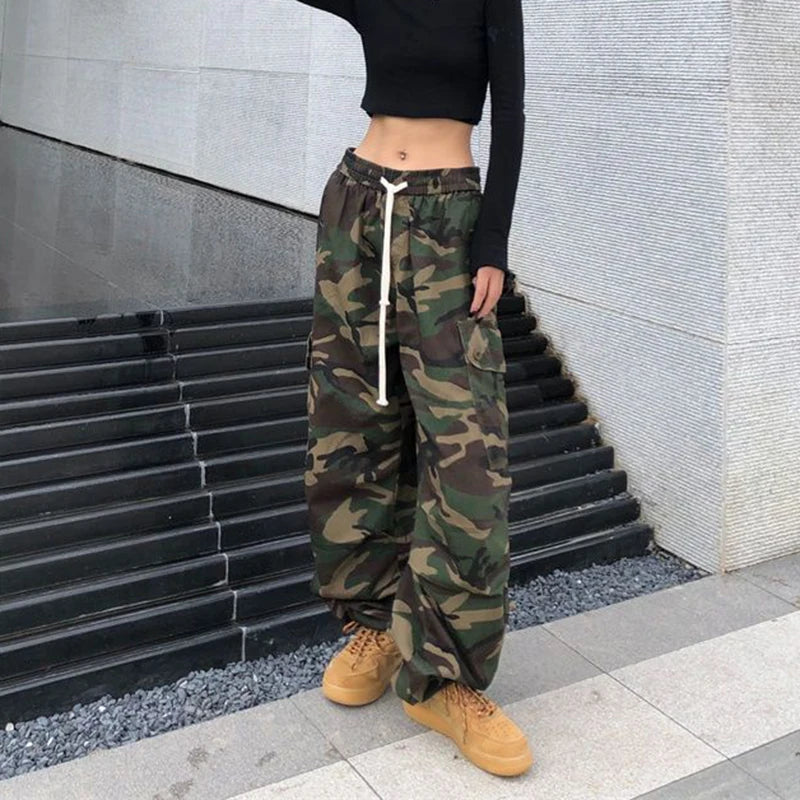 100% Pure Cotton Camo Cargo Pants Women Y2K Vintage Streetwear Joggers Sweatpants Bf Oversized Loose Hip Hop Wide Leg Trousers voguable