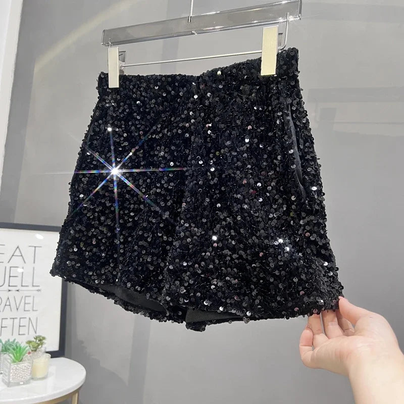 Voguable  Europe and America Sequined Black Shorts Slim Suede Embroidered Beads Grey Casual Pants Women's Hot Pants voguable