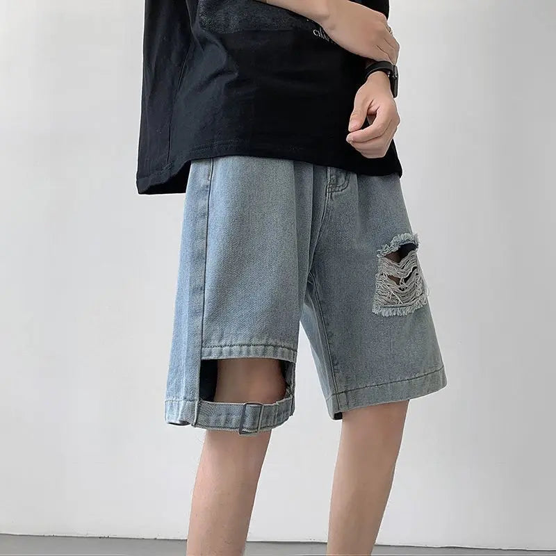 Voguable  Men Summer Thin American Ripped Denim Versatile Loose Casual Mid-sized Pants voguable