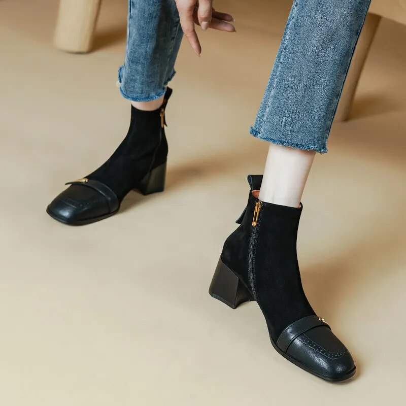 New Winter Women Boots Square Toe Chunky Heel Boots Genuine Leather Sheep Suede Leather Shoes for Women Retro Ankle Boots voguable