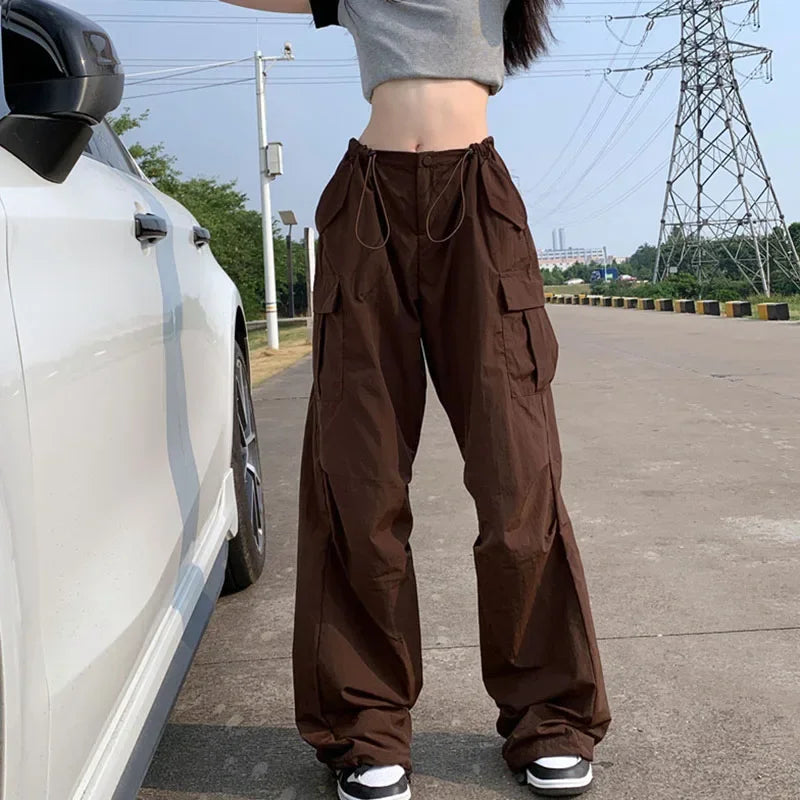Y2K Brown Drawstring Cargo Pants Women Vintage Hip Hop Streetwear Baggy Pocket Wide Leg Trousers Summer Casual Straight Pants voguable