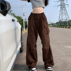 Y2K Brown Drawstring Cargo Pants Women Vintage Hip Hop Streetwear Baggy Pocket Wide Leg Trousers Summer Casual Straight Pants voguable