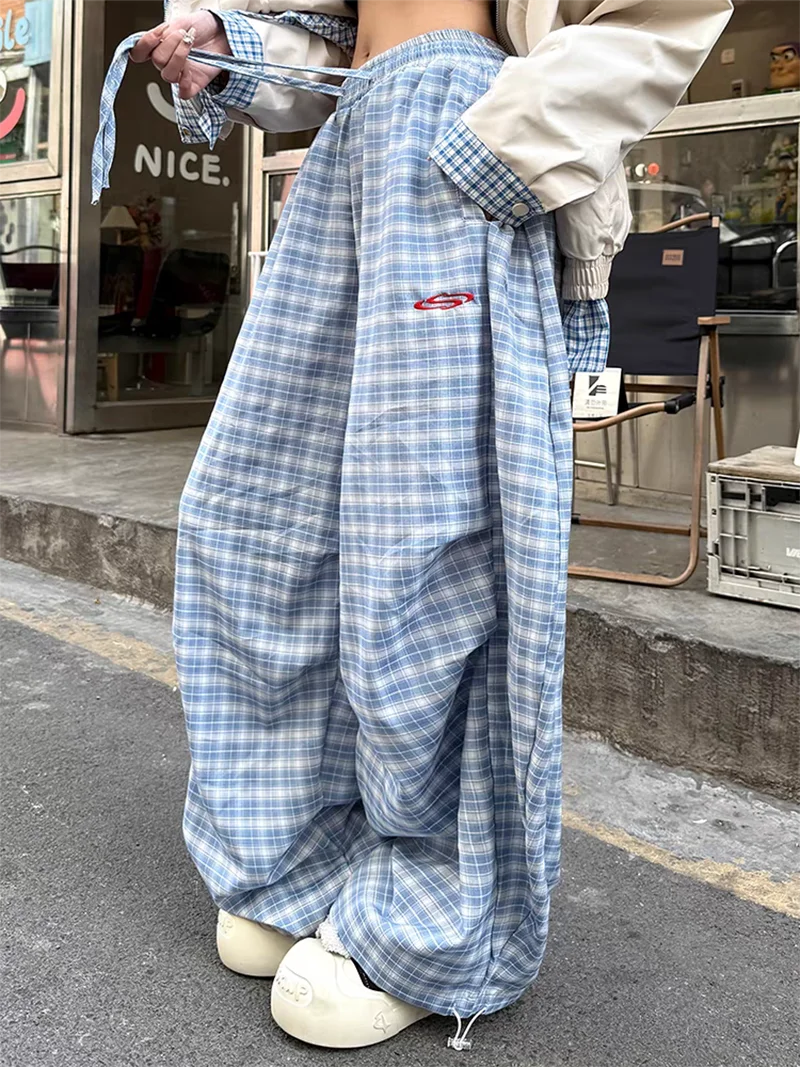 Streetwear Y2K Plaid Pants Women Vintage American High Waist Scimitar Pants Harajuku Oversize Loose Bf Casual Trousers New voguable