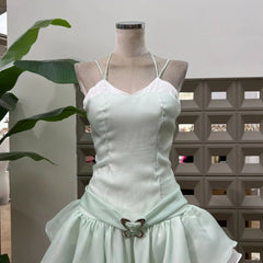 Fashion Contrast Color Green Spaghetti Strap Dress Women's Slim Metal Buckle Bottom Shorts Mini Dresses Summer New 3A106 voguable