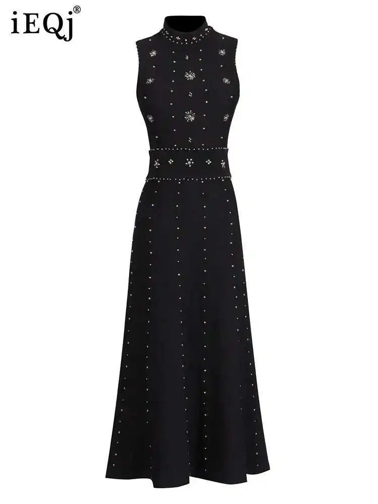 Solid Beaded Diamond Spliced Long Dresses For Women Round Neck High Waist Elegant Dress Female Summer 2025 New voguable