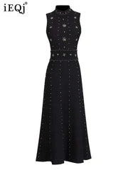 Solid Beaded Diamond Spliced Long Dresses For Women Round Neck High Waist Elegant Dress Female Summer 2025 New voguable