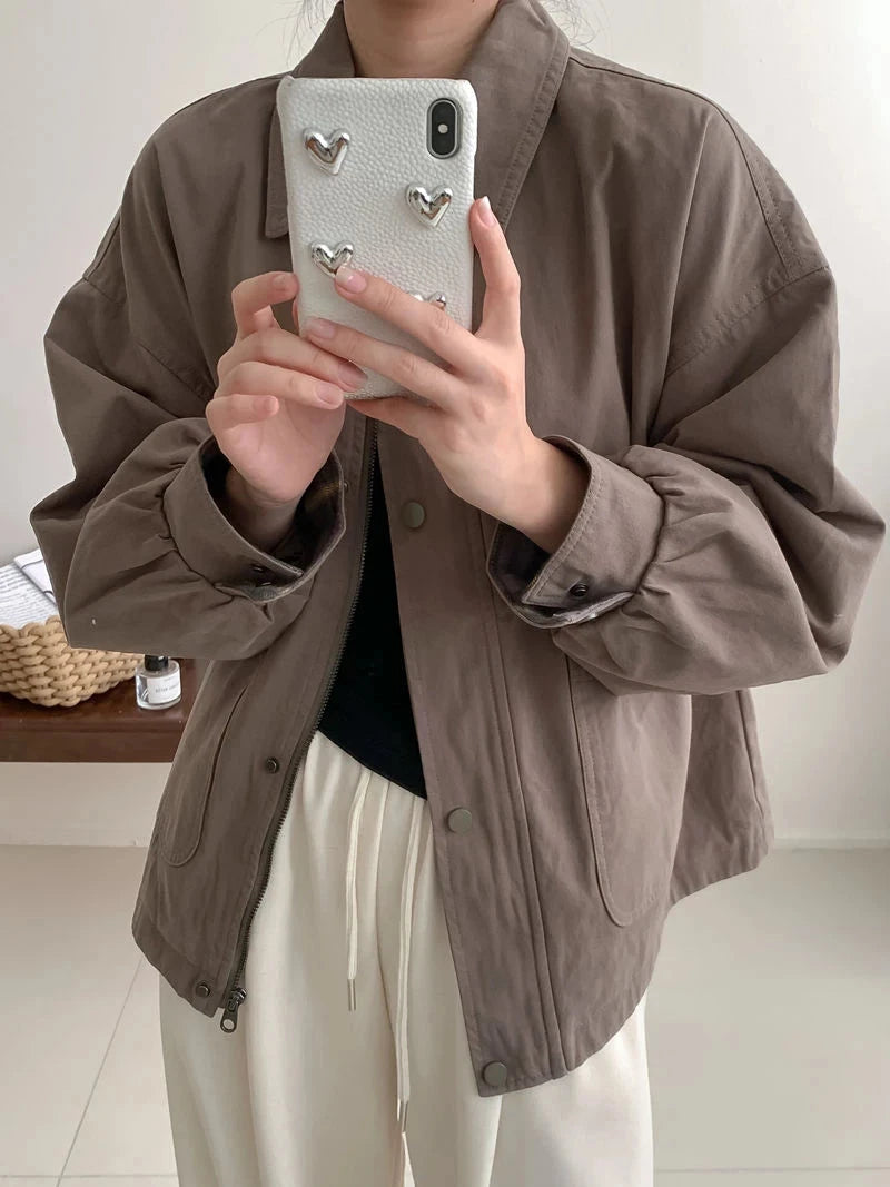 Fall Women Cargo Jacket Loose Preppy Style Long Sleeve Vintage Coat Casual Big Pockets American Retro Solid Bf Outwear Tops voguable