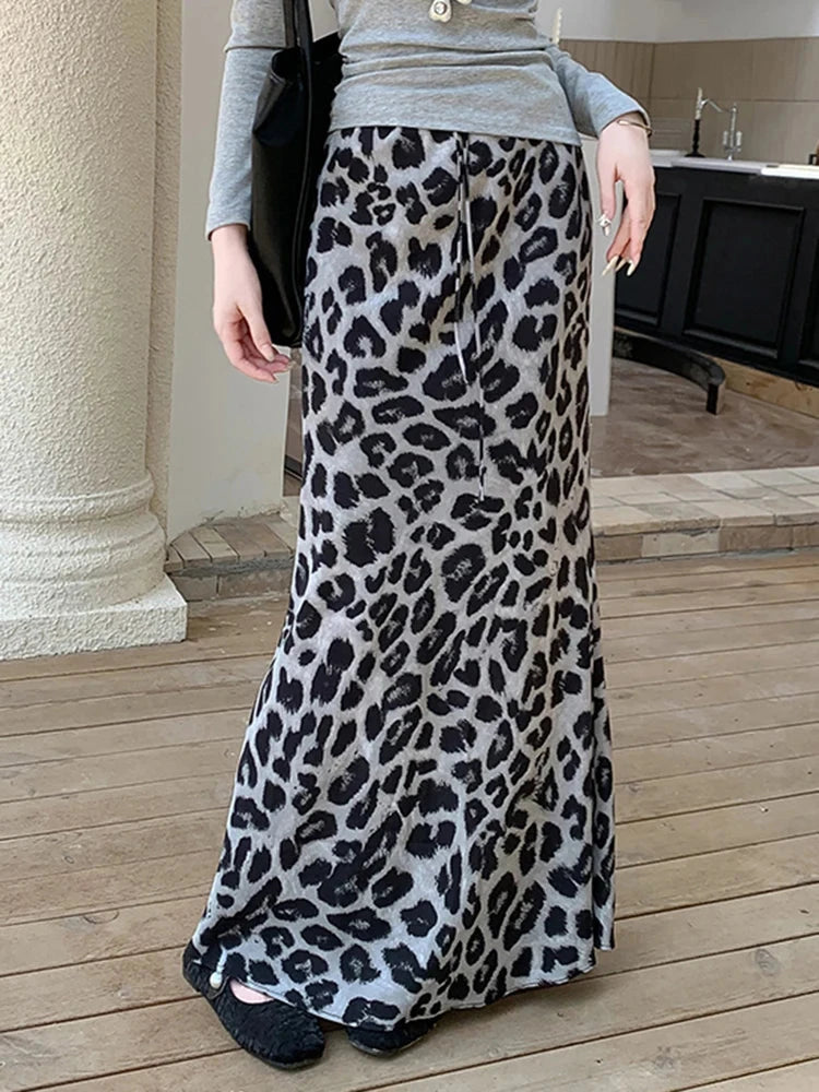 Sexy Slim Leopard Long Skirts Women High Waist Retro Streetwear Y2K Skirt Fall Casual Harajuku American Vintage Long Skirt voguable