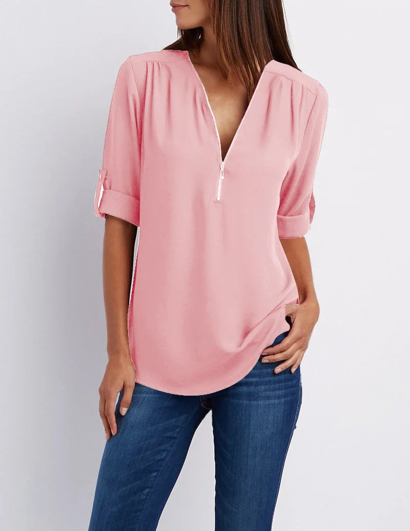Summer Women Cool Loose Shirt Deep V Neck Chiffon Blouse Casual Ladies Tops Sexy Zipper Pullover Plus Size Long Sleeve Fashion voguable