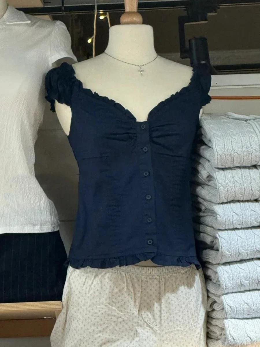 Voguable  Yellow Sweet Folds Blouse Casual Single Top Women Breasted Ruffle Sleeveless Tank Cute Casual Tops Vest Preppy Style Camis Y2K voguable