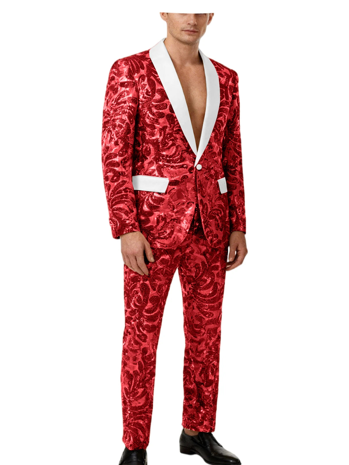 Voguable  Luxury Men's Sequin 2 Piece Set (Blazer+Pants) Shawl Collar 1 Button Slim Fit Sparkly Tuxedos Jacket Trousers for Wedding Party voguable