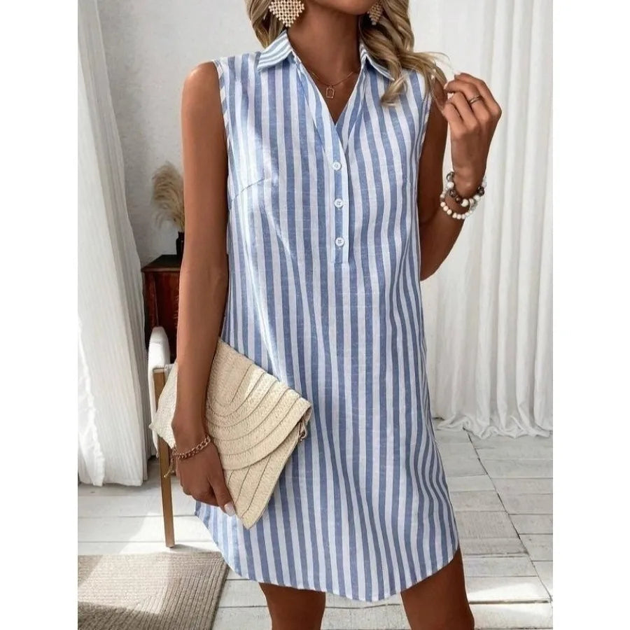 Voguable  new European and American - hot sale sleeveless V-neck stripe fashionable loose button shirt dress voguable