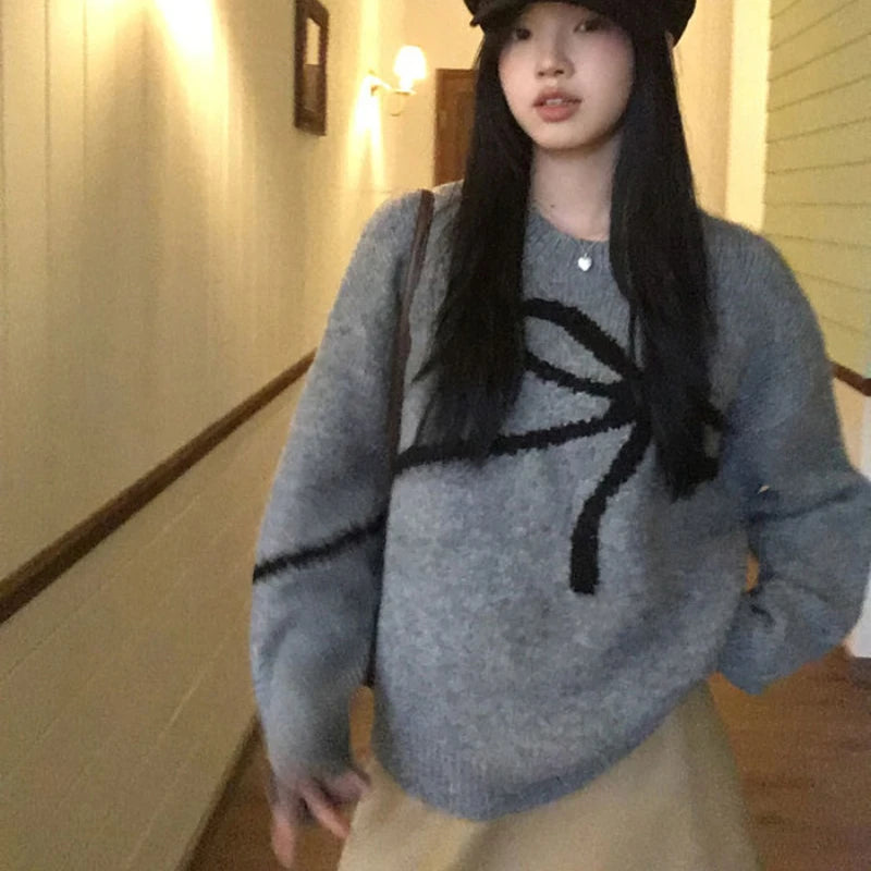 Deeptown Elegant Bow Sweaters Women Vintage Y2k Knitted Pullovers Autumn Winter Loose Long Sleeve Aesthetics Streetwear Jumpers voguable