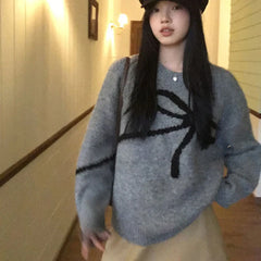 Deeptown Elegant Bow Sweaters Women Vintage Y2k Knitted Pullovers Autumn Winter Loose Long Sleeve Aesthetics Streetwear Jumpers voguable