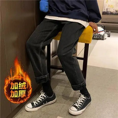 KPOP Fashion Style Harajuku Slim Fit Trousers Thickening All Match Casual Pants Pockets Straight Cylinder Korean Style Jeans voguable