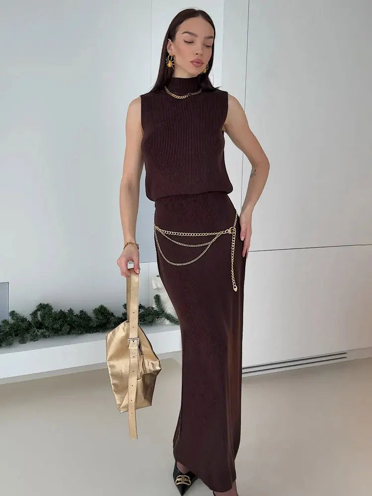 Elegant Knitwear 2 Piece-Set Long Dress Female Ribbed Sweater Pullover And Loose Patchwork Maxi Skirt Sets Ladies Outfits voguable