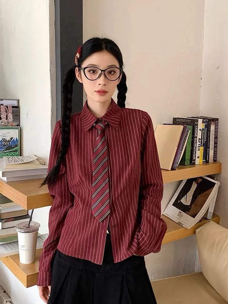 Slim Vintage Striped Tie Shirt Women Fall Long Sleeve American Preppy Style Blouse Casual Female Turn Town Collar Retro Tops New voguable