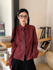 Slim Vintage Striped Tie Shirt Women Fall Long Sleeve American Preppy Style Blouse Casual Female Turn Town Collar Retro Tops New voguable