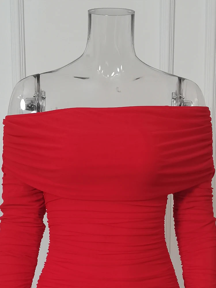 Voguable  Women's Long Sleeve Off-Shoulder Sexy Dress Solid Color Pleated Midi Slim Dress for Cocktail Party and Evening Wear voguable