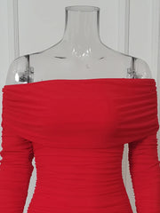 Voguable  Women's Long Sleeve Off-Shoulder Sexy Dress Solid Color Pleated Midi Slim Dress for Cocktail Party and Evening Wear voguable