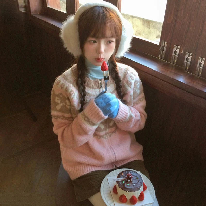 Vintage Print Knitted Cardigan Women Japanese Long Sleeve Sweater Outerwear Winter Aesthetic Pink Knitwear Korean Jumpers voguable