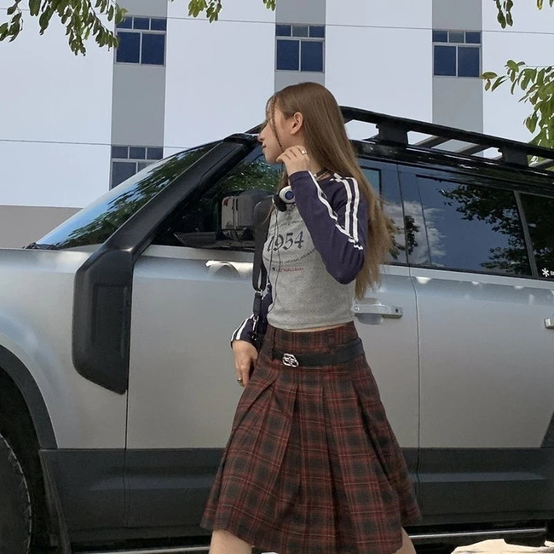 Women Pleated Plaid Skirt Vintage Preppy Style Mid Length Skirt Harajuku Korean Fashion Retro Japanese Classic Basic voguable