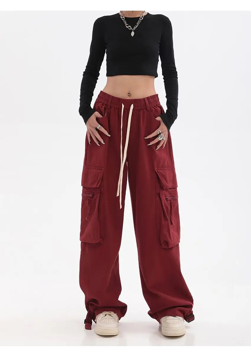 Streetwear Vintage Hip Hop Oversize Red Cargo Pants Women Drawstring Elastic Waist Loose Wide Leg Harajuku Casual Trousers 2023 voguable