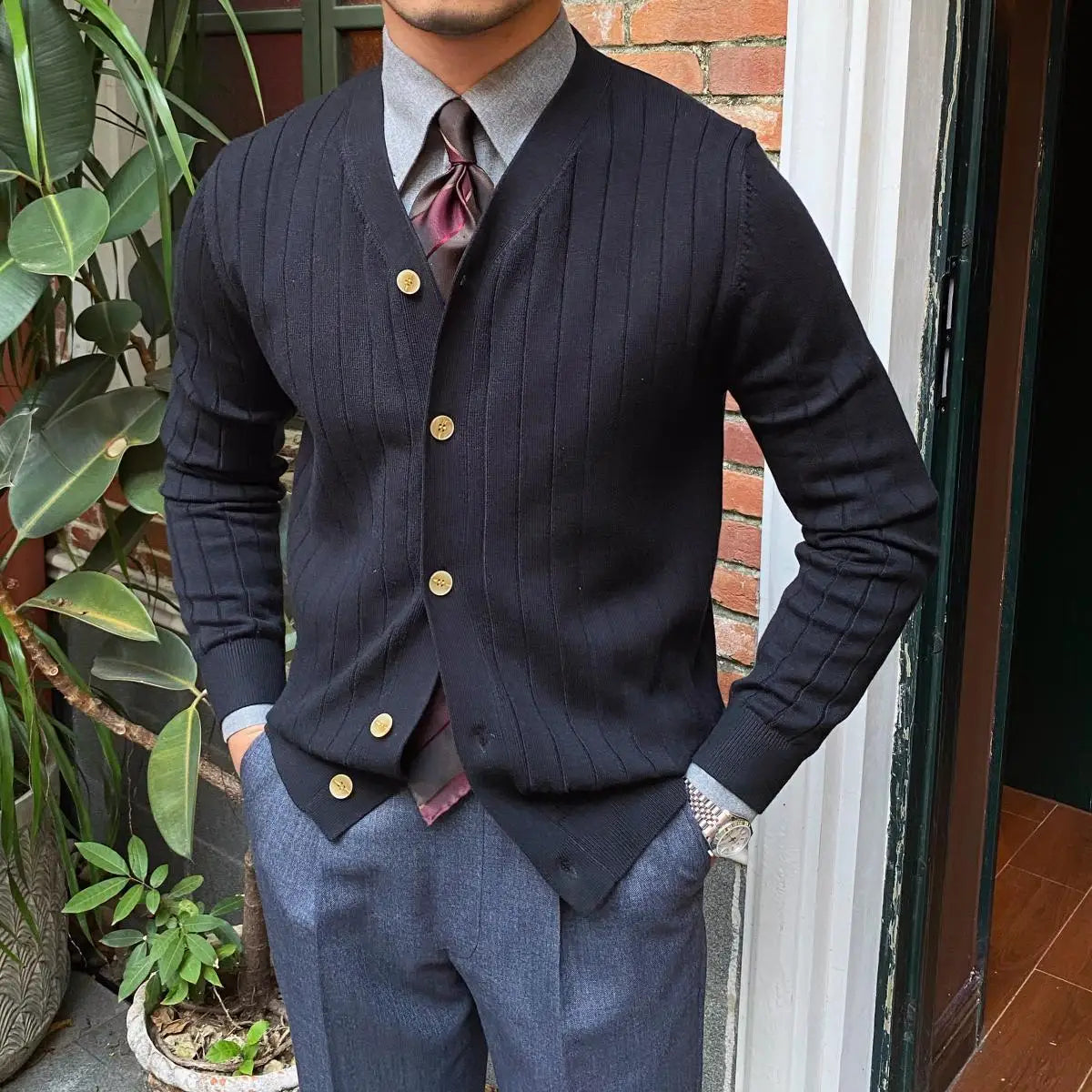 Japan Style Trend Autumn Cardigan Sweaters Men Clothing V-Neck Solid Button Business Casual Office Long Sleeve Slim Knitted Tops voguable