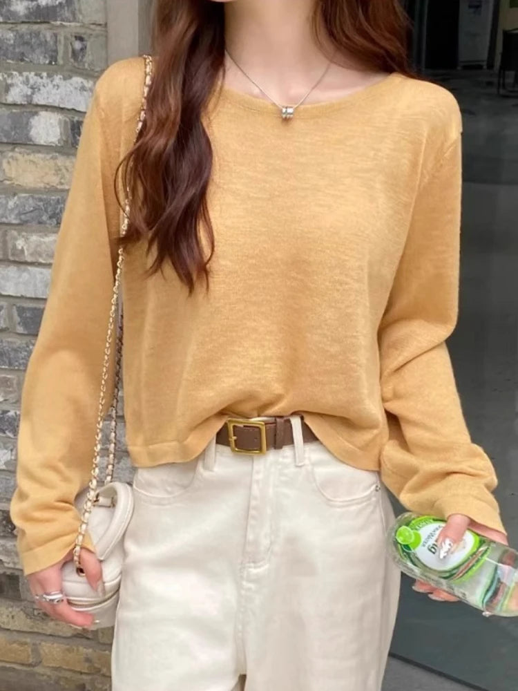 Breezy Long Sleeve Knit Top for Women Breathable O-neck Boxy Pullovers Blouse Summer Sunscreen Shirt Cover Up Casual Outfit voguable
