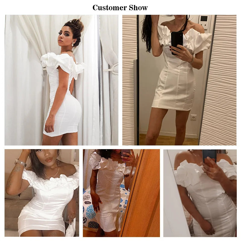 Satin Ruffles Sleeve Summer Dresses Backless Strapless Bodycon White Dress Short Sexy Party Dress Nightclub Vestidos voguable