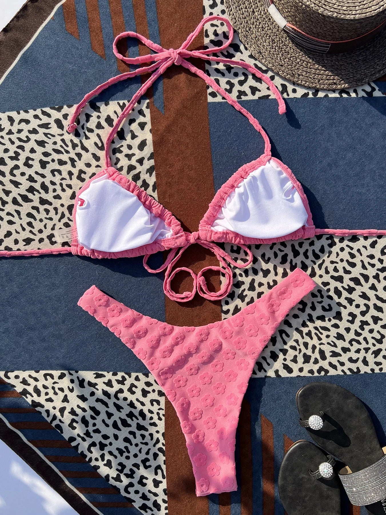 Voguable  Solid Flowers Lace Up Bikini Sets Swimsuit For Women Sexy Low Waist Swimwear Bathing Suit Summer Two Pieces Beachwear Swim voguable