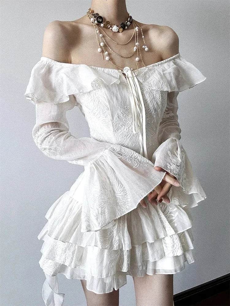 Sweet Ruffle Dress Women Y2K Sexy Off Shoulder Lace Up Long Sleeve Mini Dress Fashion Irregular Party Club Vestidos Mujer voguable